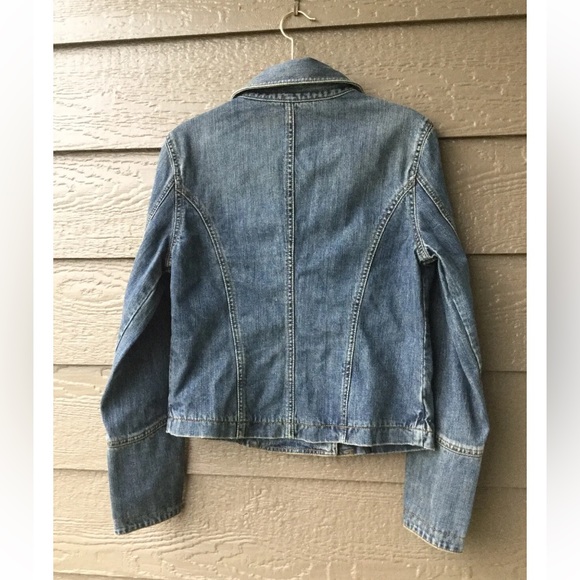 ExpressJeans Denim Jacket Womens Adult Size M Dark Blue Distressed Button Up - Picture 2 of 4